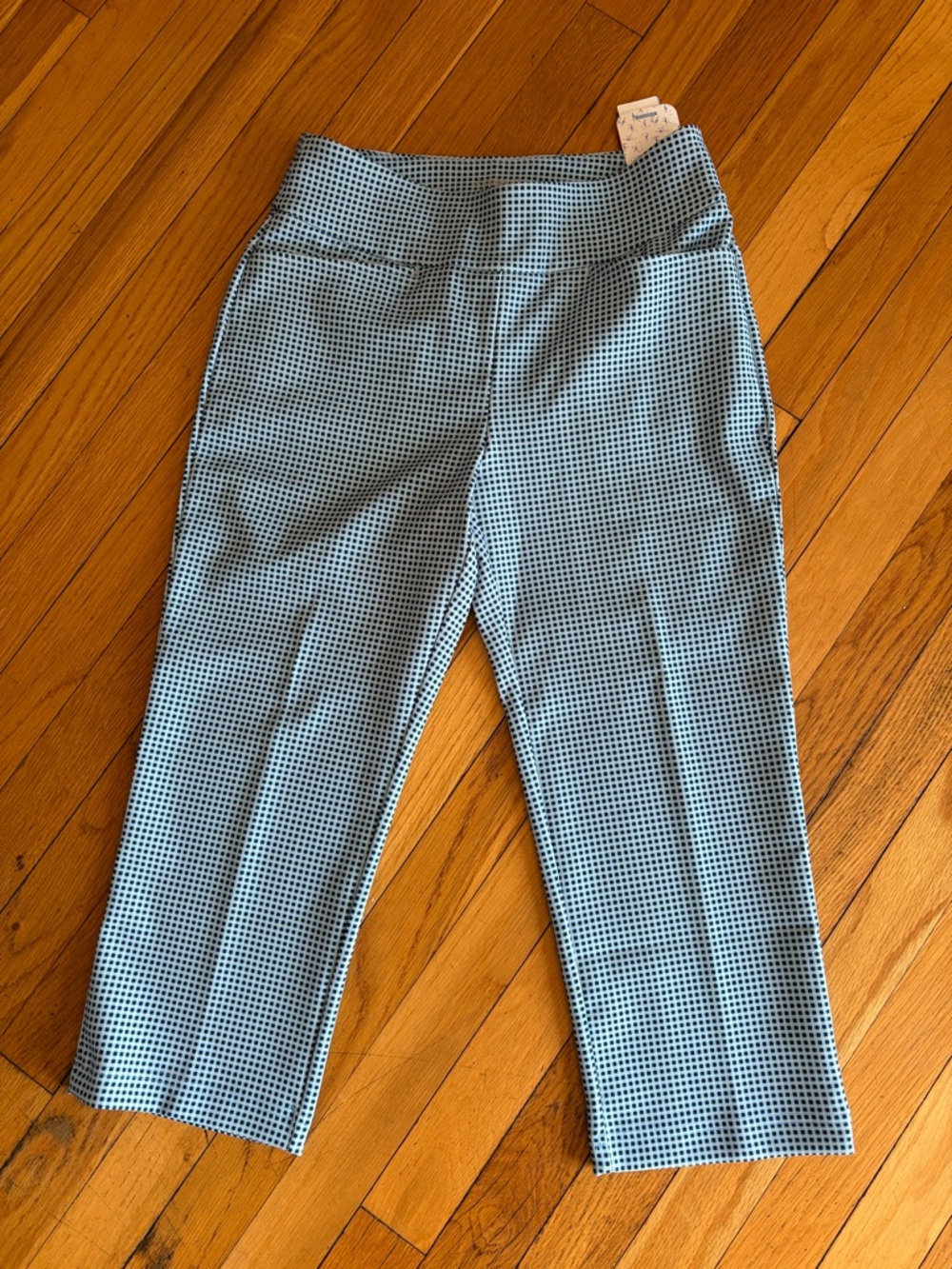 NWT CEGOLFS Sz Small UPF +50 Blue/Black Peach Check Cropped Ponte Pants! Golf